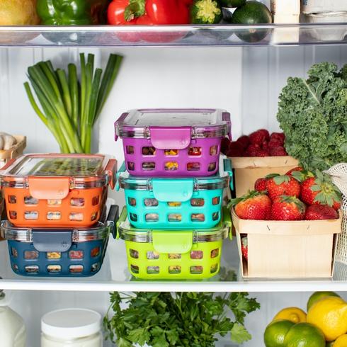 Organized fridge with colourful containers