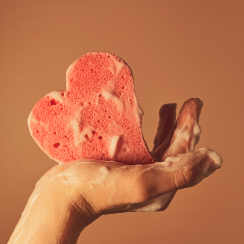 A hand holding a heart-shaped sponge