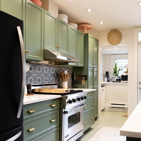 A pristine, narrow renovated kitchen in a small home