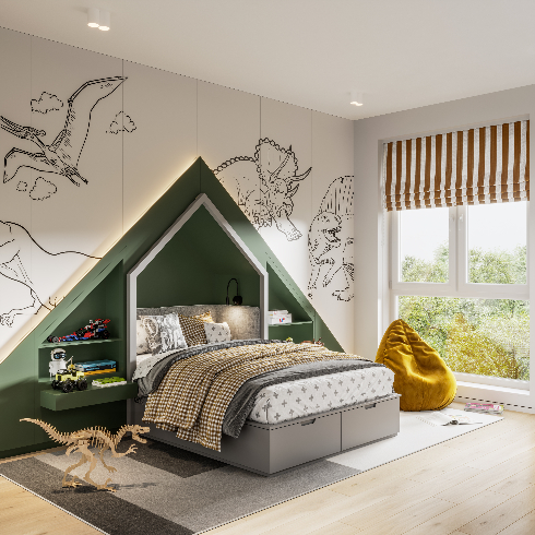 Digitally generated image of children room with Dinosaur theme. Different types of Dinosaurs drawing on wall with a toy Dinosaur skeleton in a bedroom with double bed and yellow bean bag by a large window.