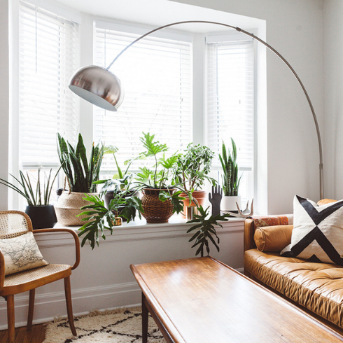 A living room with white walls, a silver arc lamp, a brown leather couch, and a large window. Lots of potted plants crowd the windowsill.