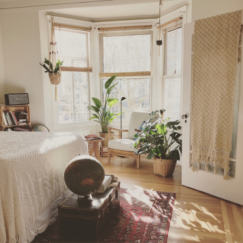 white bedroom with green plants in front of window