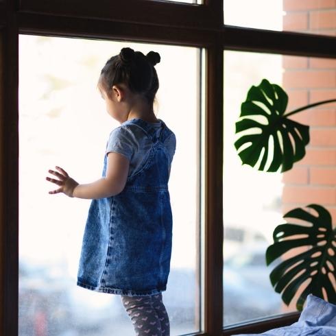 A toddler overlooking a window with their hands on the glass.