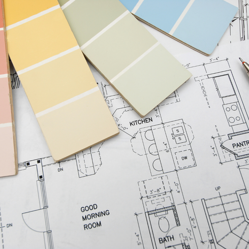 Interior design blueprint with paint samples