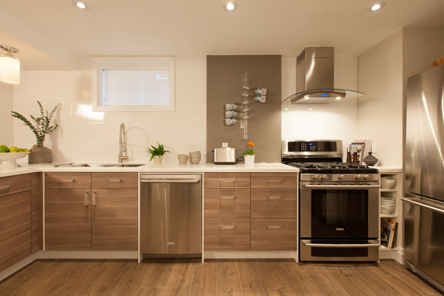 Modern grey and white basement kitchen