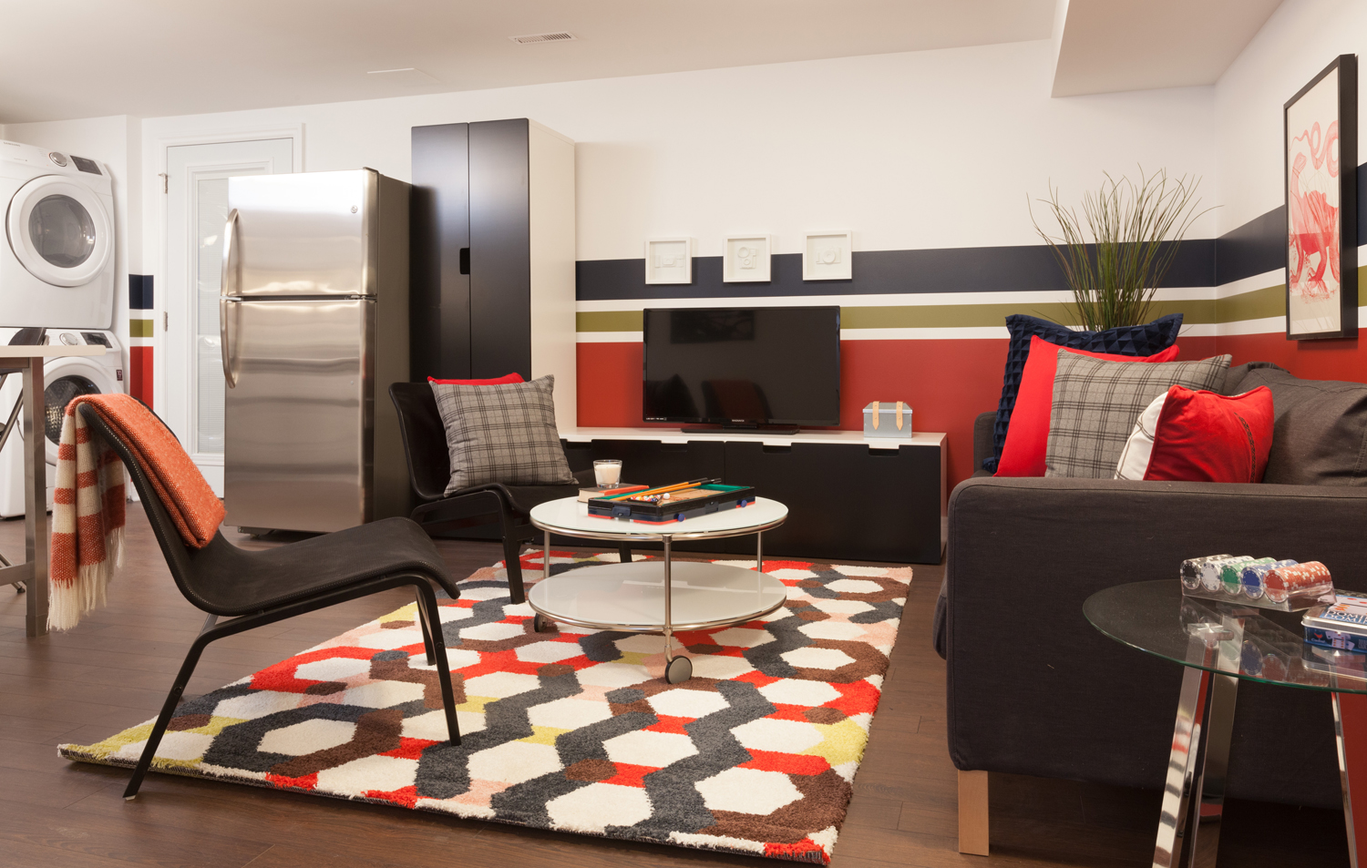 Basement apartment with geometric rug