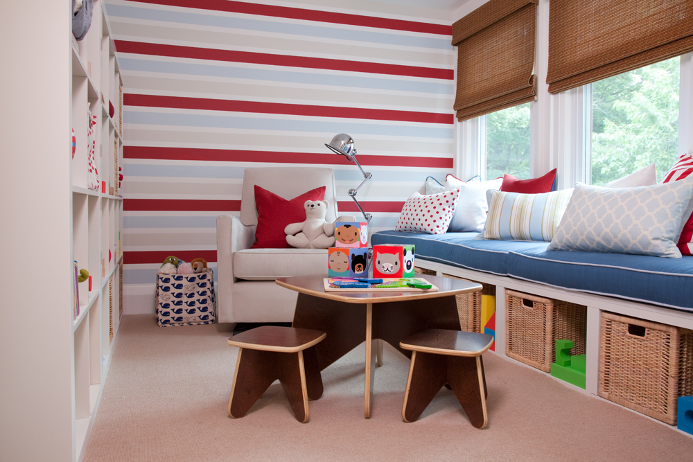 Bold red and blue patterned playroom.