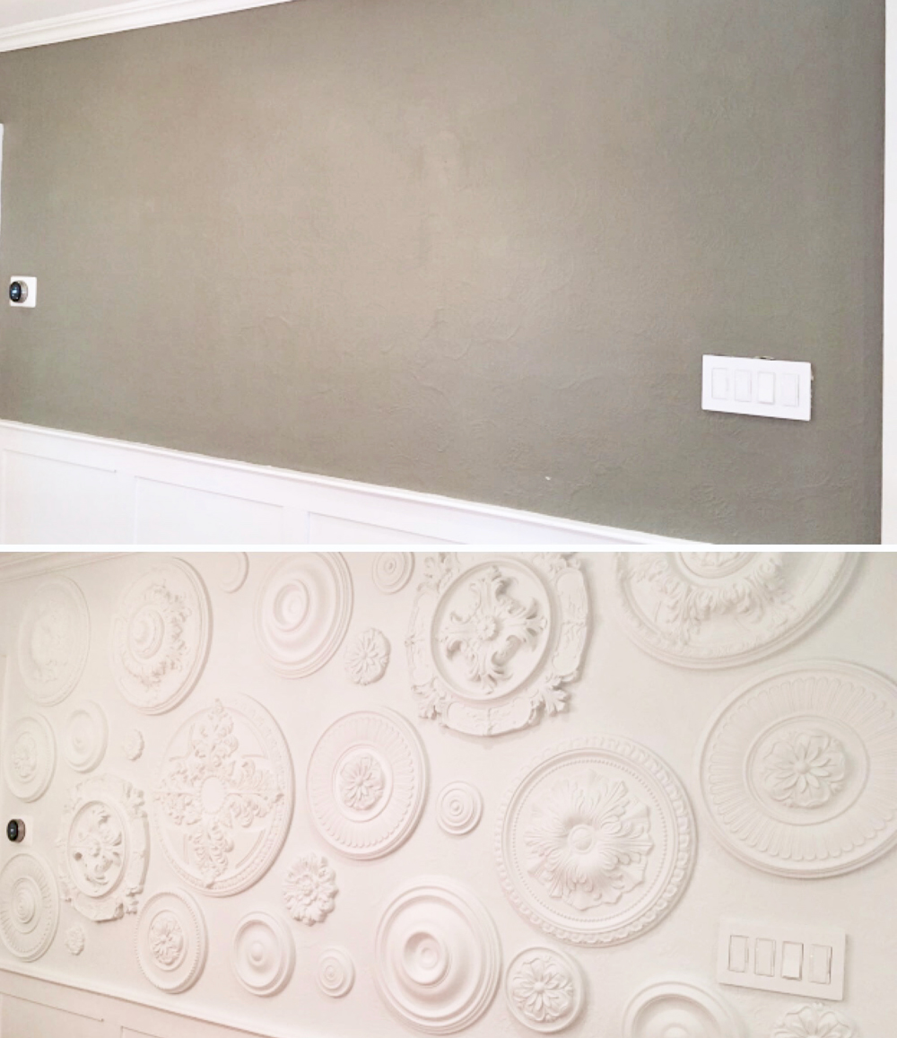 Blank wall updated with ceiling medallions as decor.