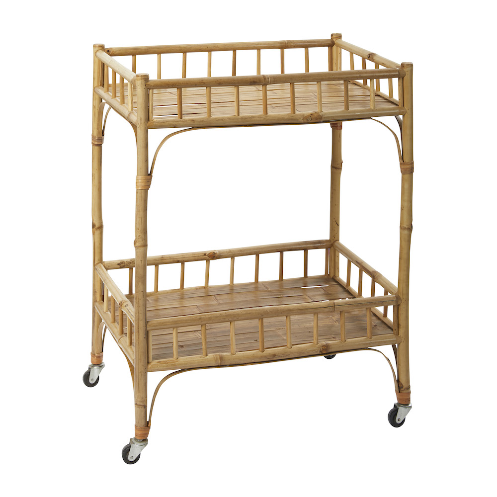 Chic bamboo bar cart with two shelves and four caster wheels