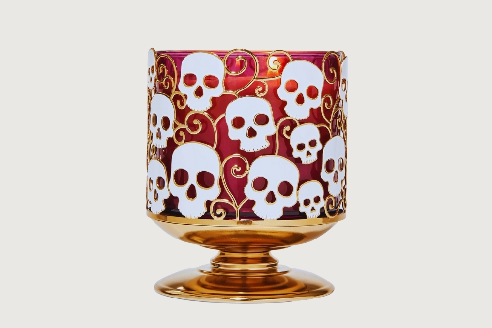Red and gold Halloween candle holder with skulls