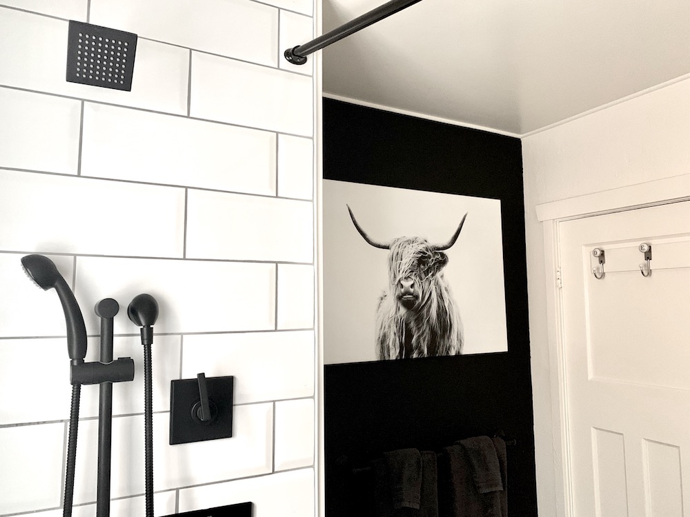 Beautiful modern bathroom with large white subway tiles in the shower, a matte black shower head and handle set, a black feature wall, and a large photo canvas of a Highland cow