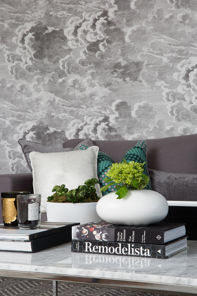 Closeup of grey cloud wallpaper behind grey sofa and coffee table with plants
