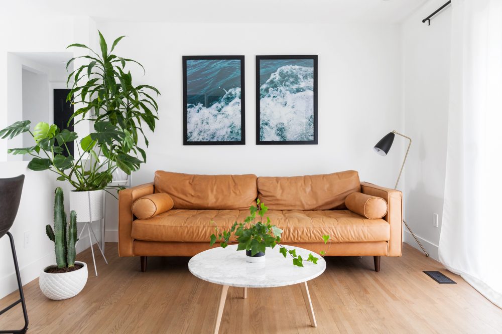 slouchy tan leather sofa, two photos of water above