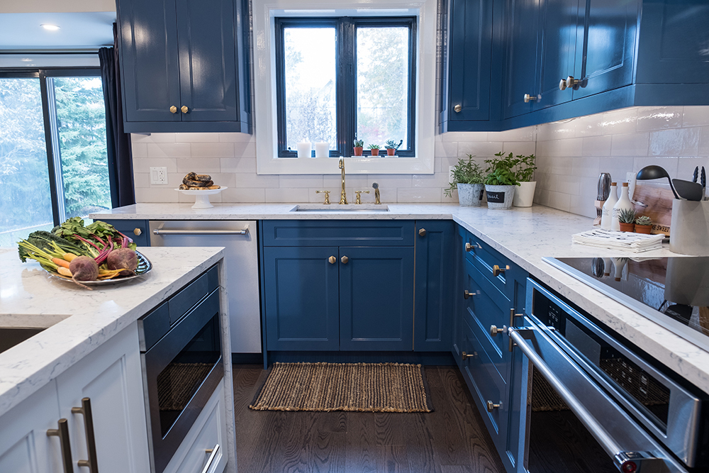 Modern kitchen with blue cabinets, white quartz countertops and dark hardwood floors