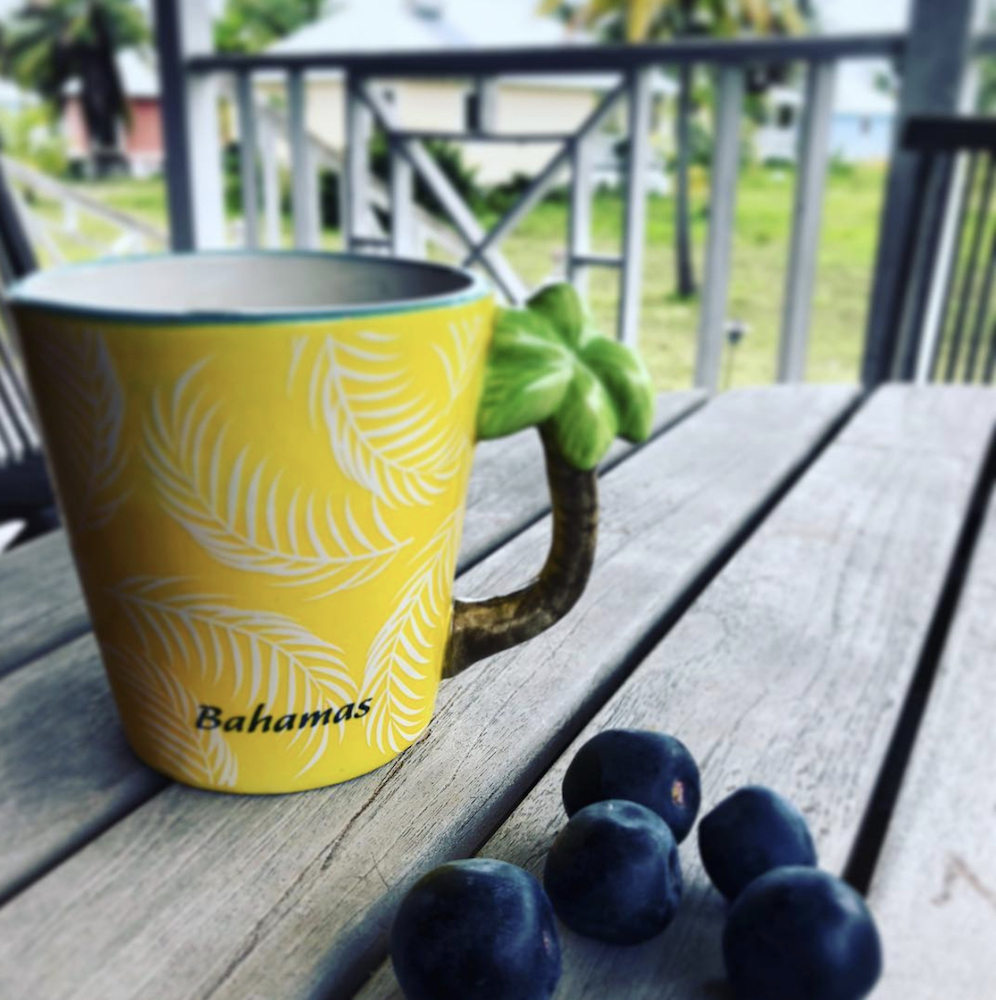 Yellow Bahamas coffee mug and some coco plums on a wooden table