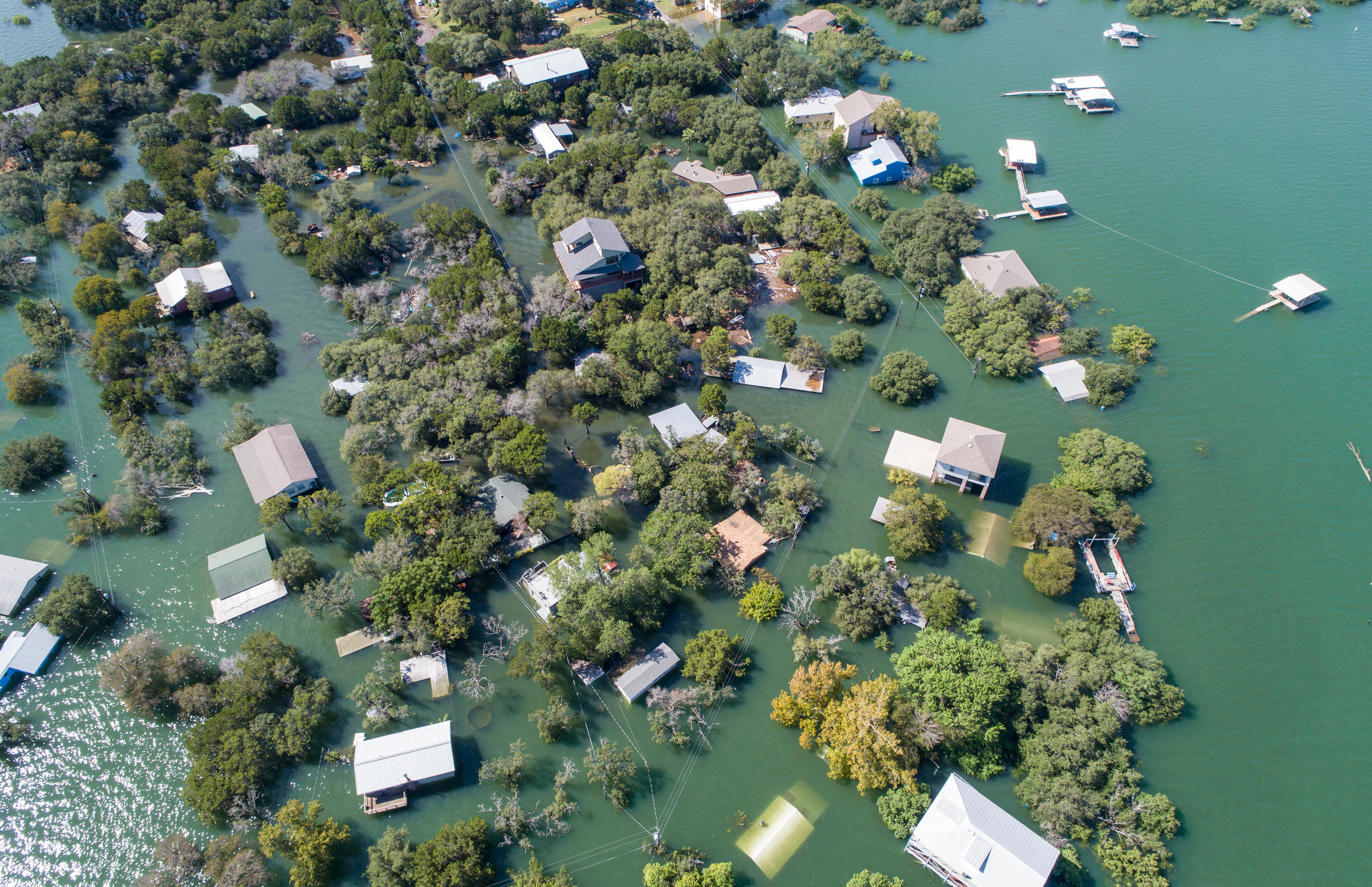 Aerial view of flooded residential area