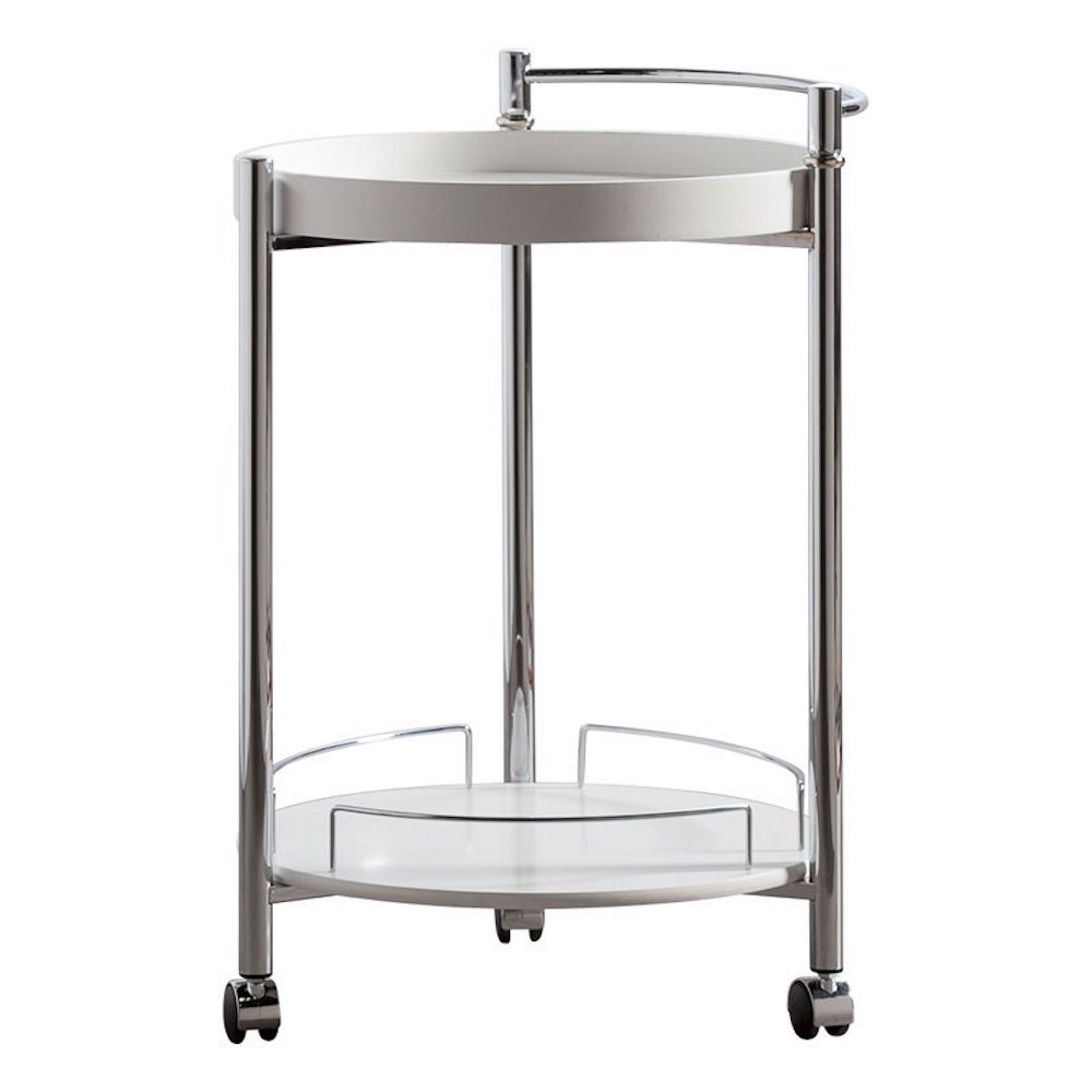 Small round chrome bar cart with a white tray and white shelf and three caster wheels