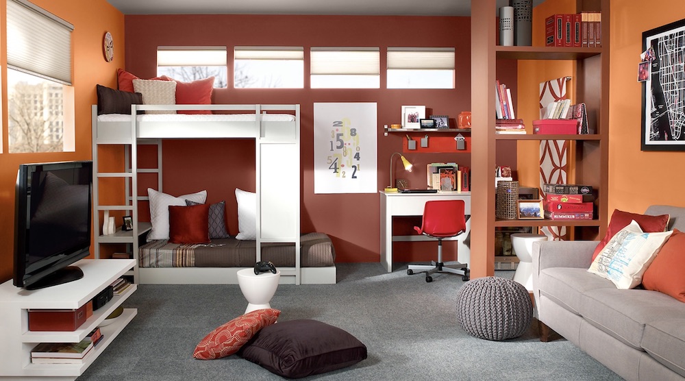 Energetic teen bedroom with white bunkbed, grey carpet and BEHR paint in Spice PPU2-18, Graceful Gray PPU18-12 and Flaming Torch PPU3-3