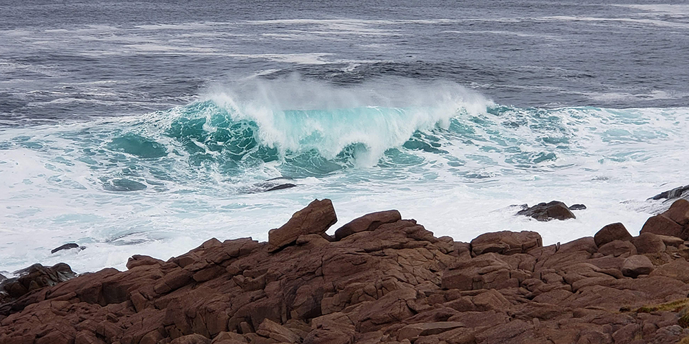 Waves crashing along the rocky shore of the Avalon Peninsula in Newfoundland.