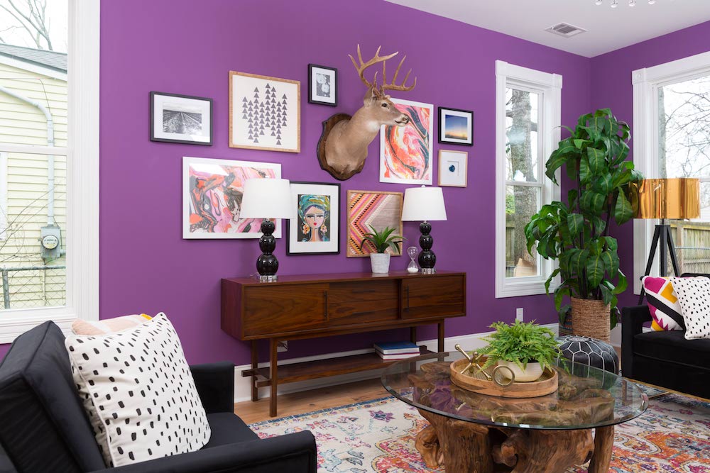 Masters of Flip bohemian Victorian house living room purple feature wall covered in artwork and a taxidermy deer head with a large plant in the corner