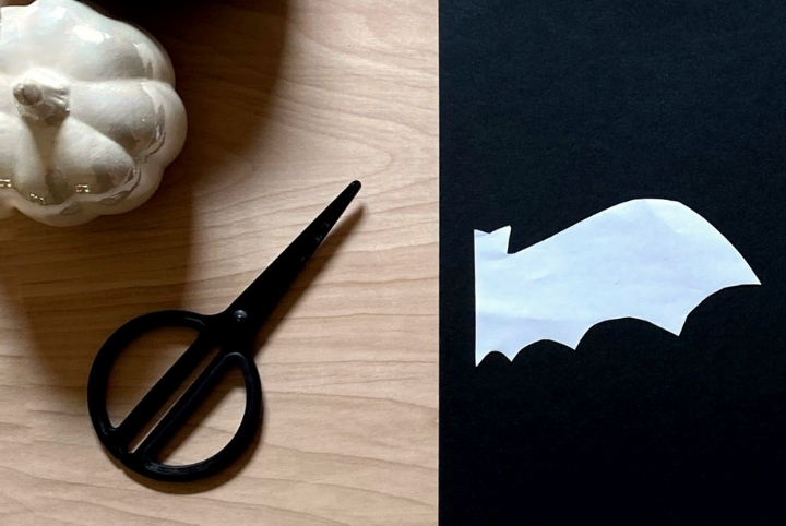 A paper cut out of a bat and a pair of scissors and a white pumpkin on a wooden table