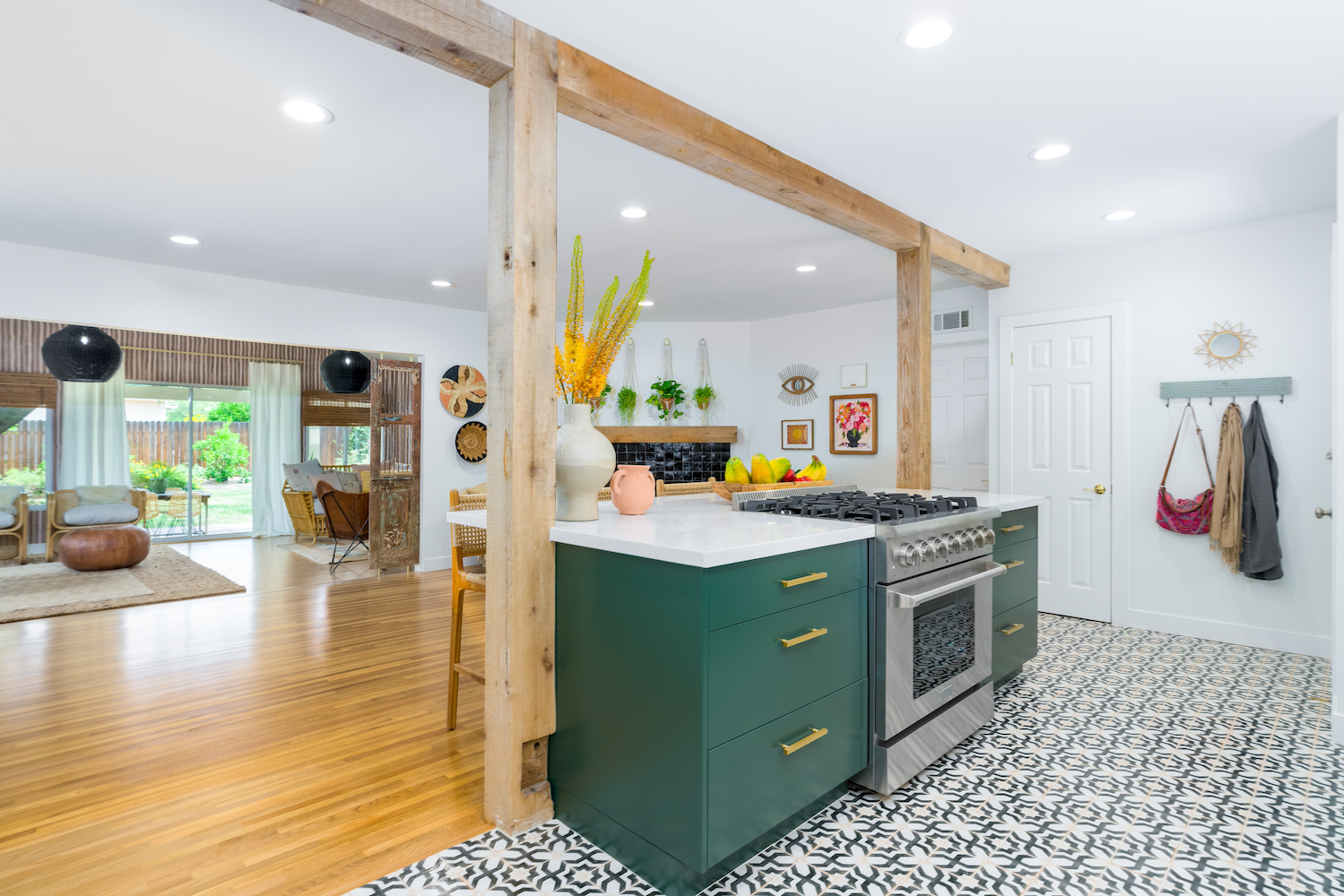 renovated kitchen with exposed wooden beams