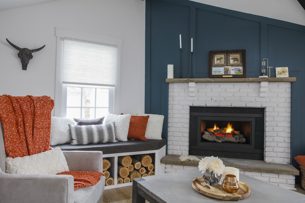 Buyers Bootcamp Cape Cod family room white brick fireplace and blue wall