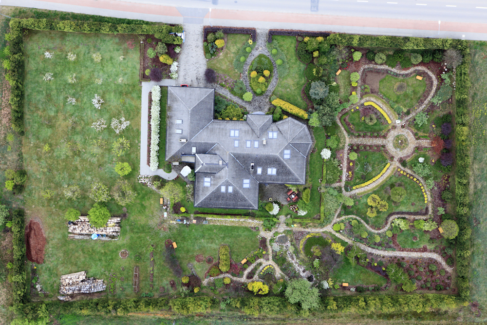Aerial view of luxury estate and gardens