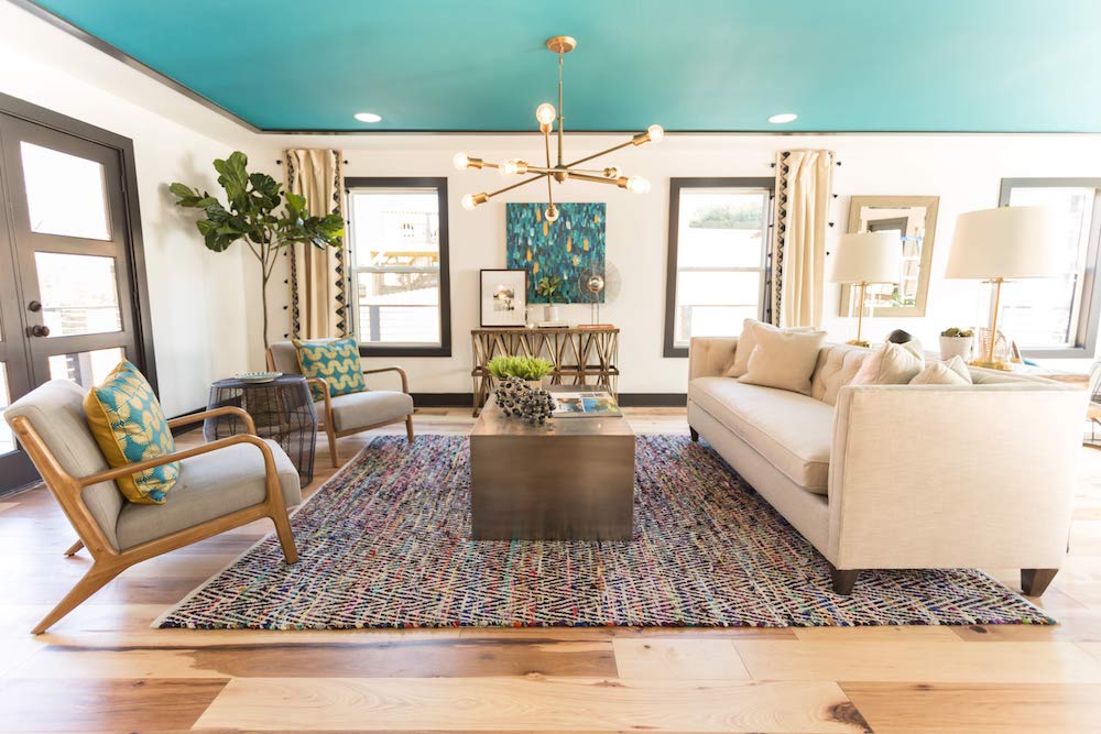 Masters of Flip Slow and Steady renovation teal ceiling living room