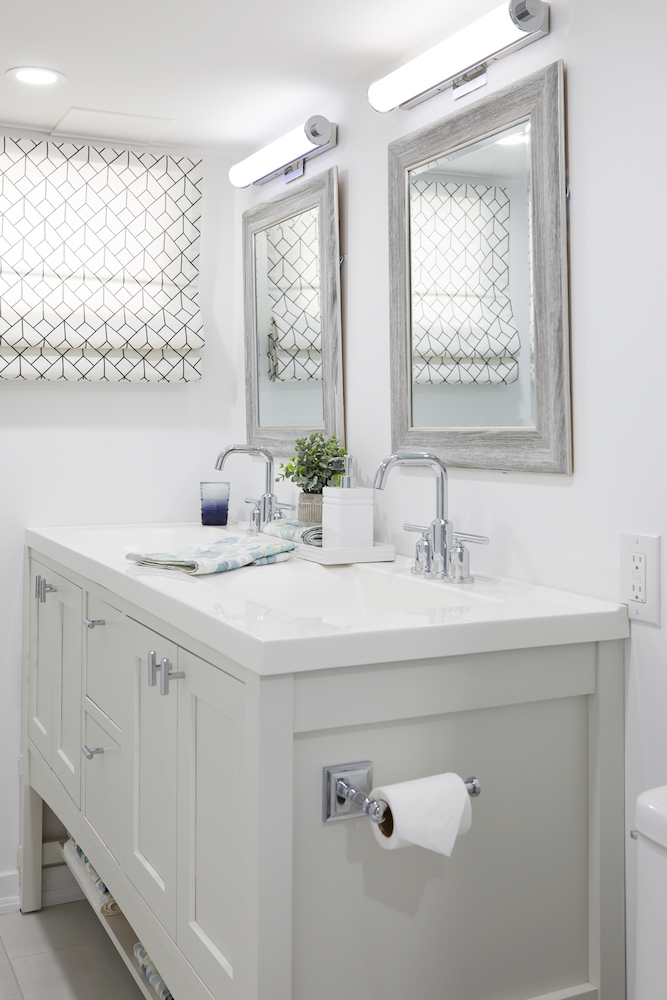 modern white bathroom with grey double vanity
