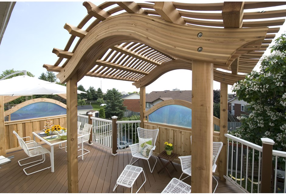 A unique wood pergola in the shape of an ocean's wave
