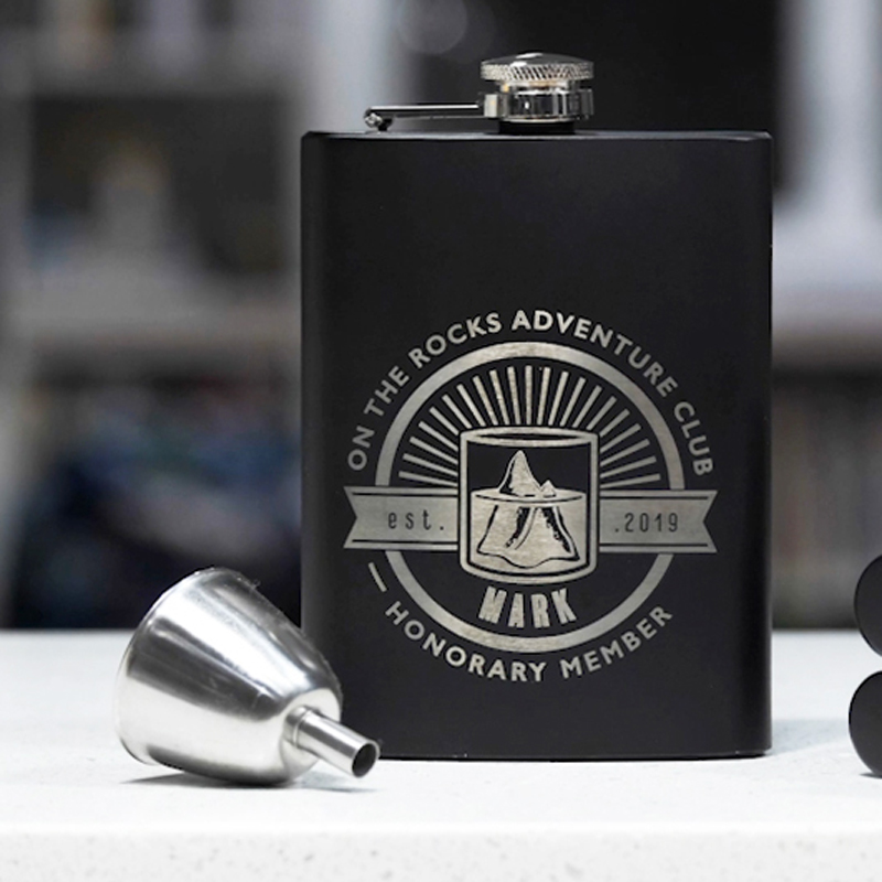 Black and silver personalized flask