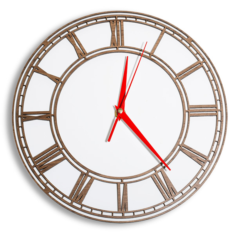 A wooden wall clock with bright red hands