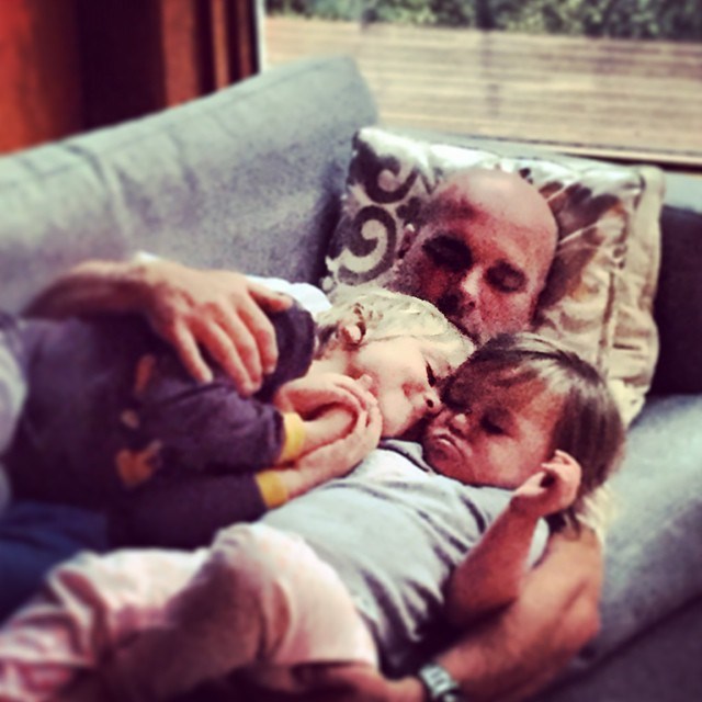 Bryan Baeumler taking a nap with son Lincoln and daughter JoJo.