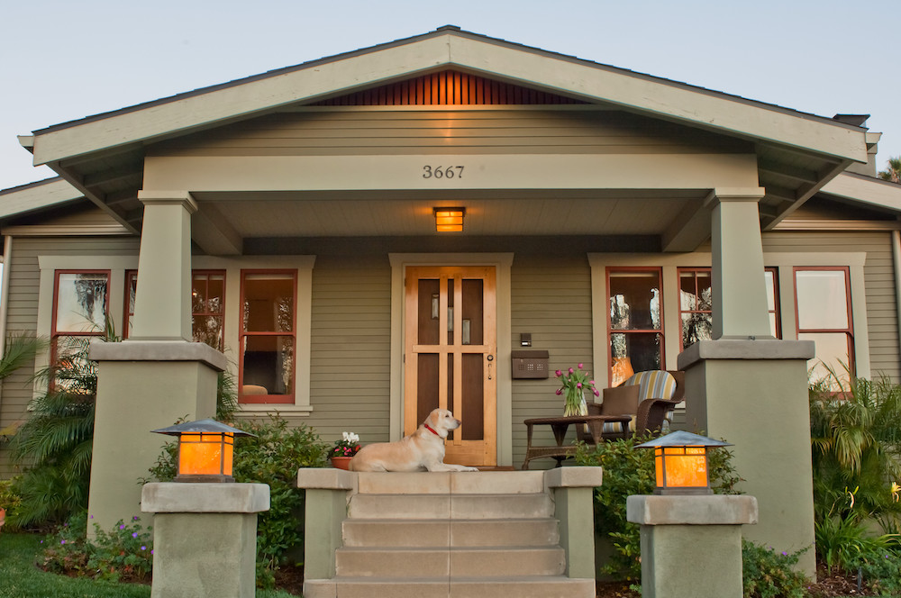 Exterior of craftsman house painted in Behr’s Dried Chive S330-5, Washed Olive S350-3 and Morocco Red PPU2-17