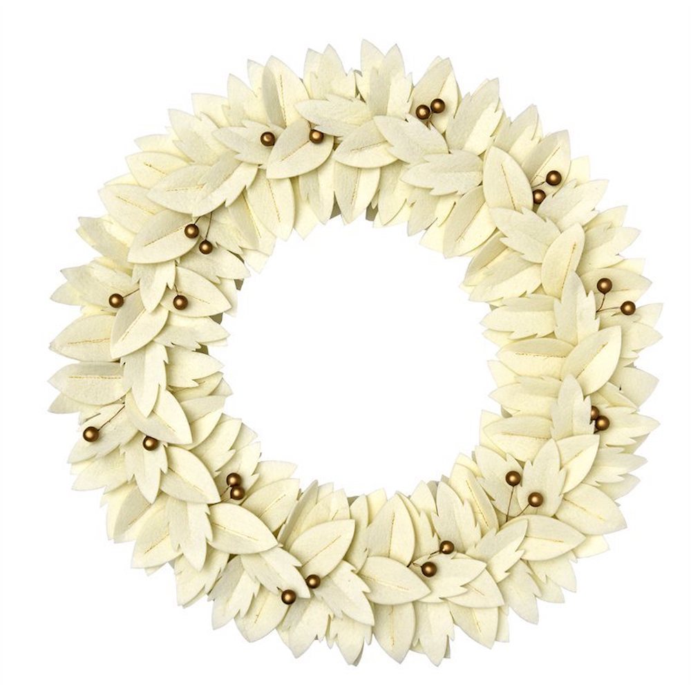 A white felt wreath with gold stitching and gold berries from Chapters Indigo