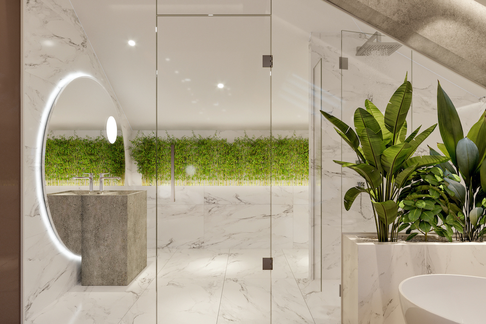 Interior of a luxurious bathroom in a country house with white marble floors and walls, a large circle backlit mirror, grey stone vanity, a large stone plant planter filled with tropical palms and a living plant feature wall on the back wall