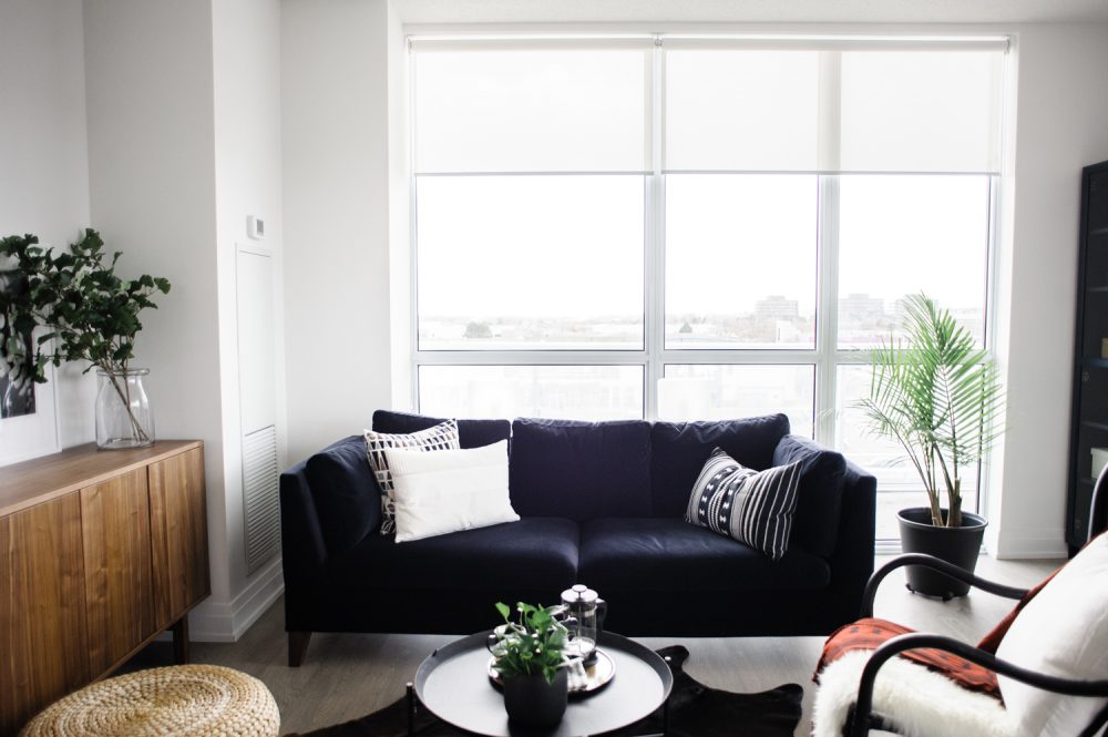condo window with navy sofa in front and potted palm on floor