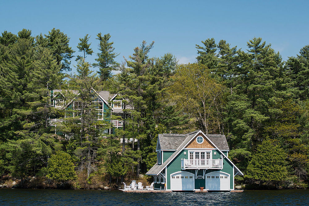 A large cottage stands on Lake Rosseau in Muskoka, Ontario, Canada