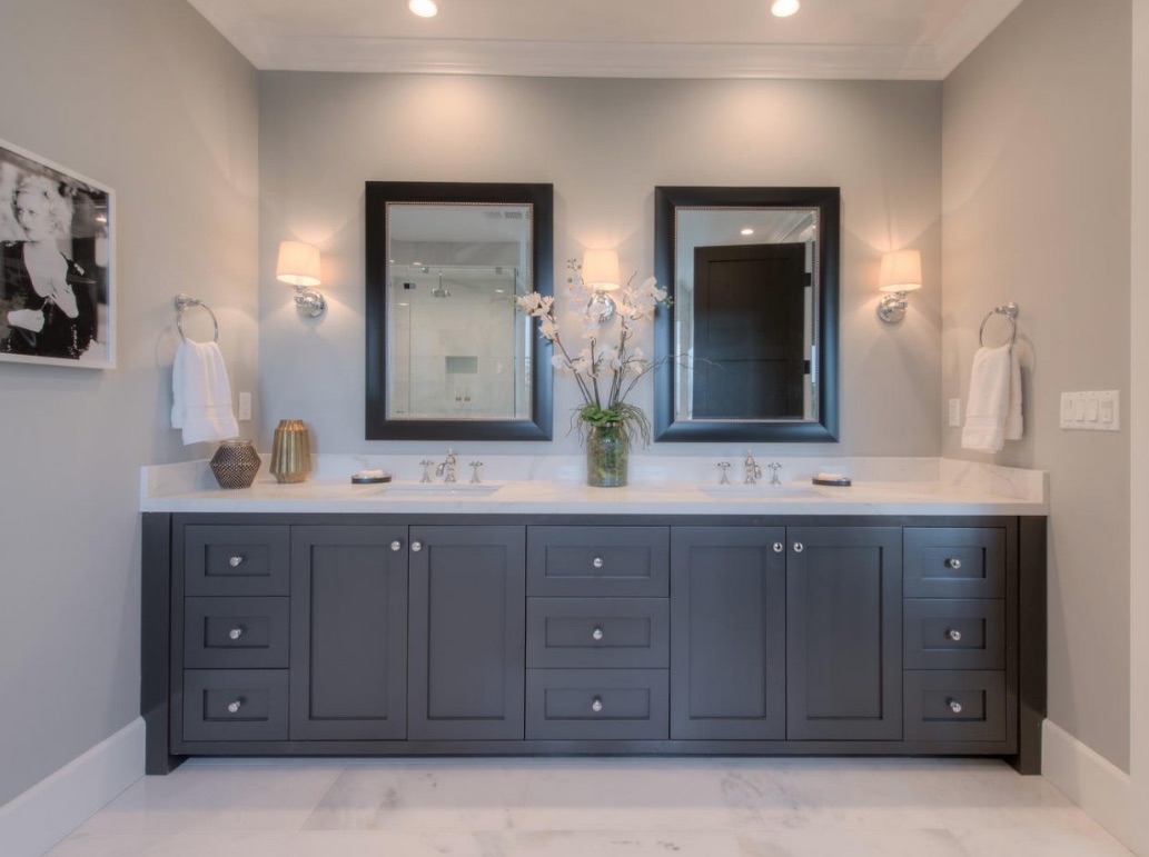 Dual-sink vanity in the master bathroom in neutral tones