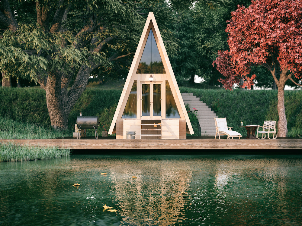 Lakeside wooden A-frame house