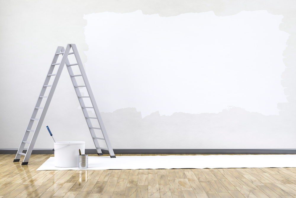 Ladder and painting equipment indoors