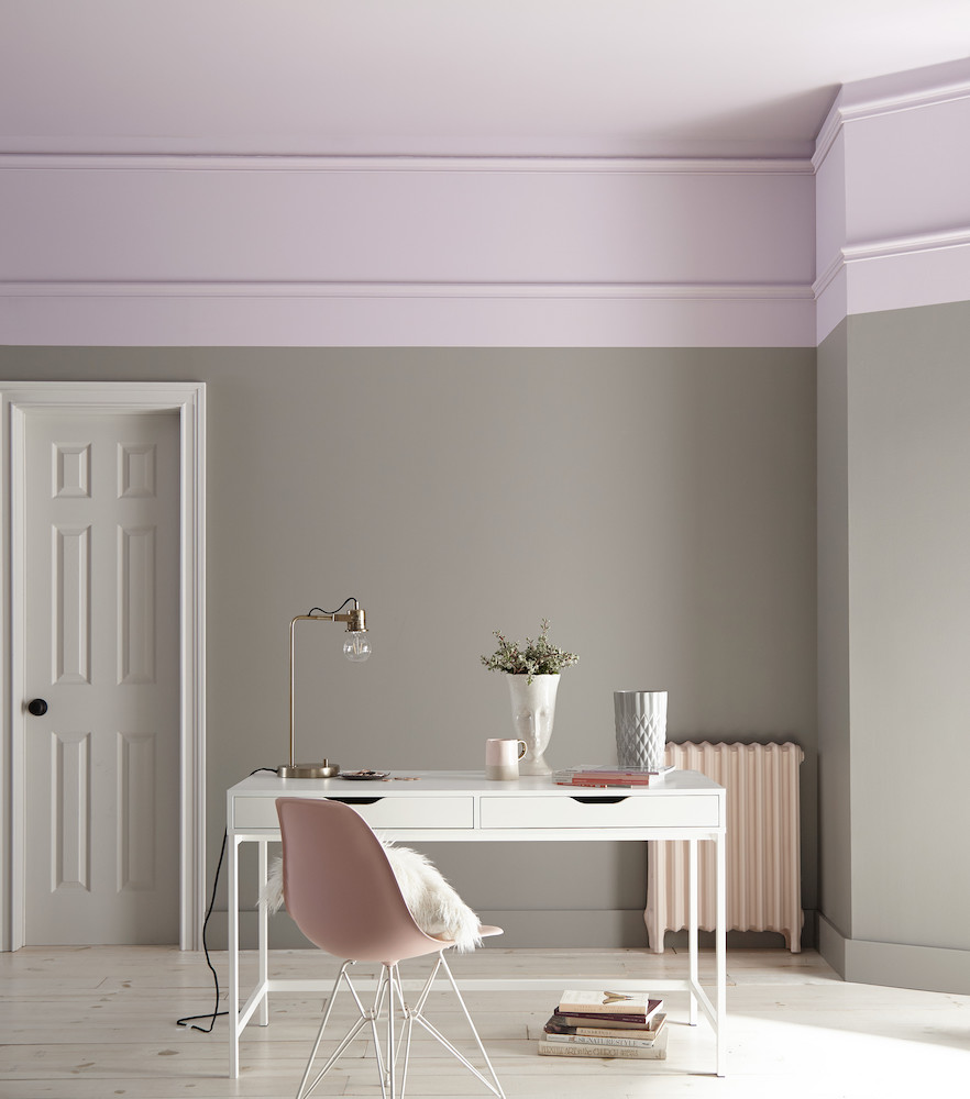 Modern office with a white desk, pink egg chair and walls painted in Behr’s Cotton Grey HDC-NT-20 and the ceiling in Standing Ovation N570-2
