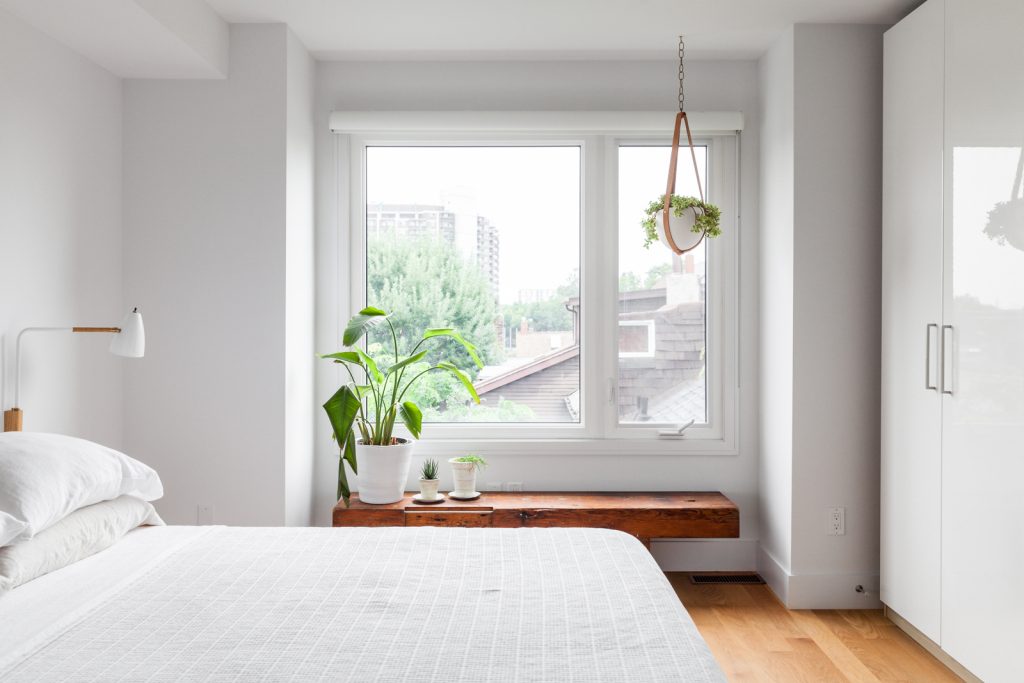 Minimalist white bedroom, with a plant on the window sill and a plant hanging by the window