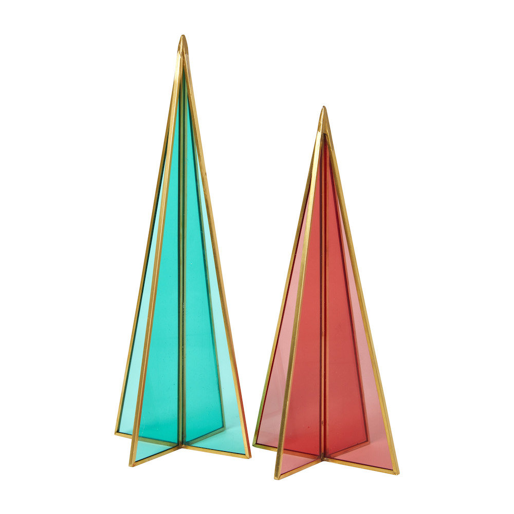 Two ornamental stained glass tabletop trees in green and red glass with gold metal edging
