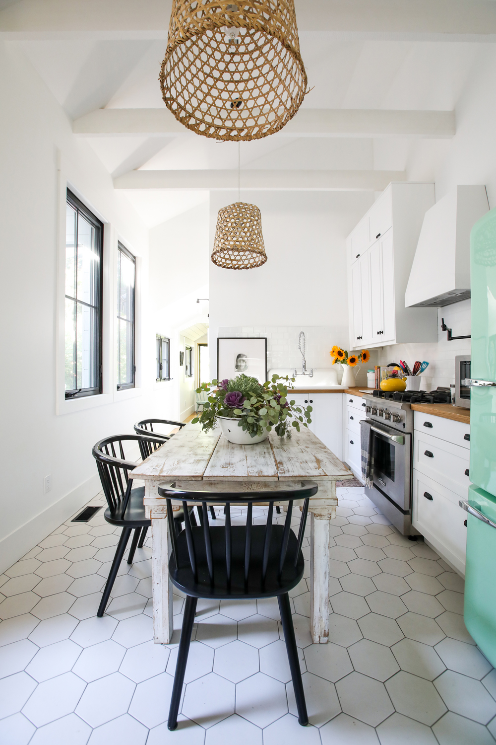 White rustic kitchen with geometric tile floor