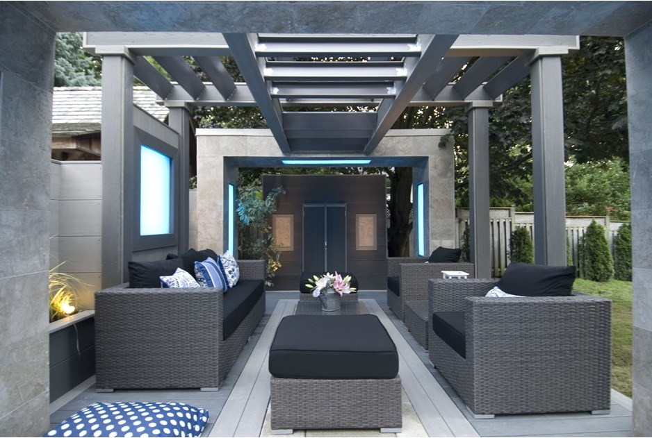 Stylish outdoor room with LED light boxes.
