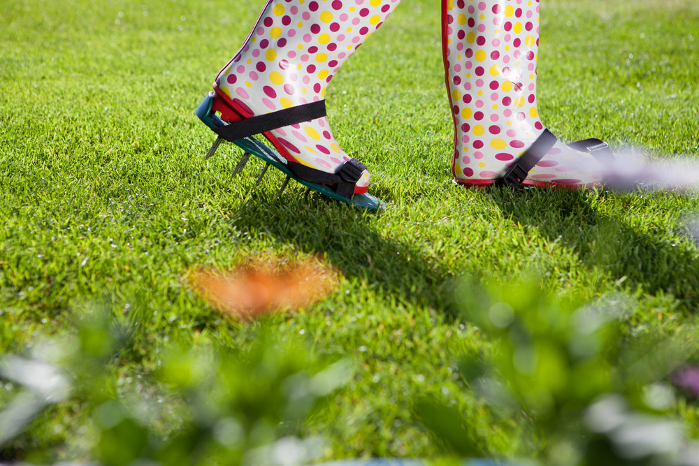 Person aerating a lawn with special shoes