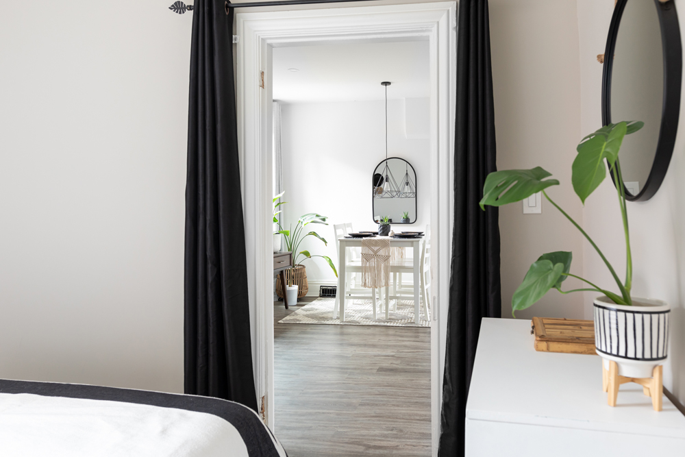 Bedroom door with curtains