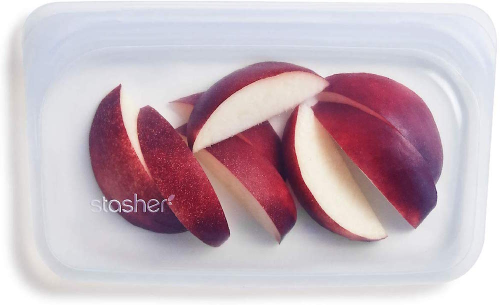 clear silicone snack bag with sliced apples inside